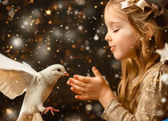 enfant avec oiseau et étoiles